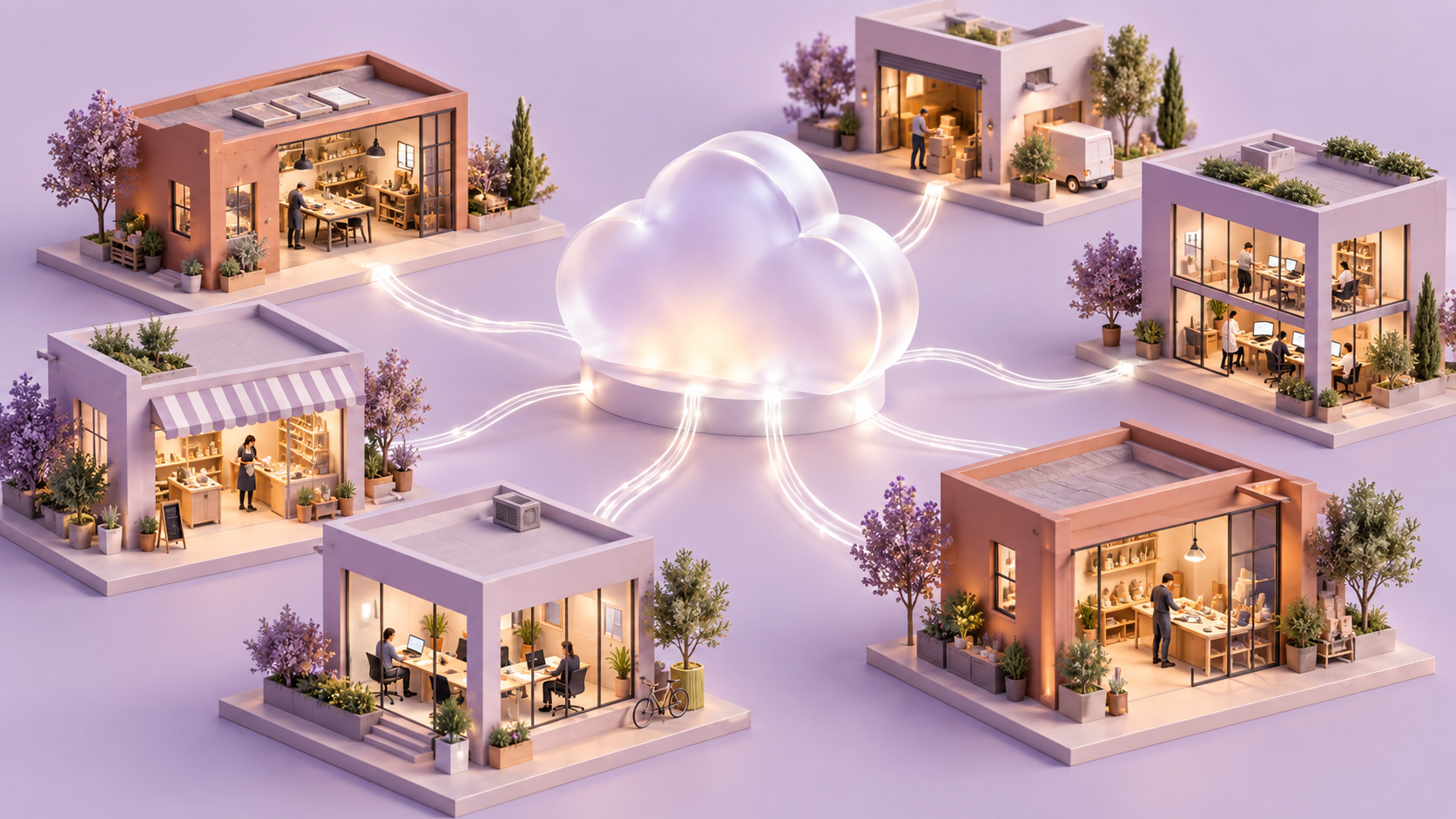 Diorama conceptuel terracotta et lavande : petits bâtiments professionnels reliés à un nuage de verre par des fibres lumineuses