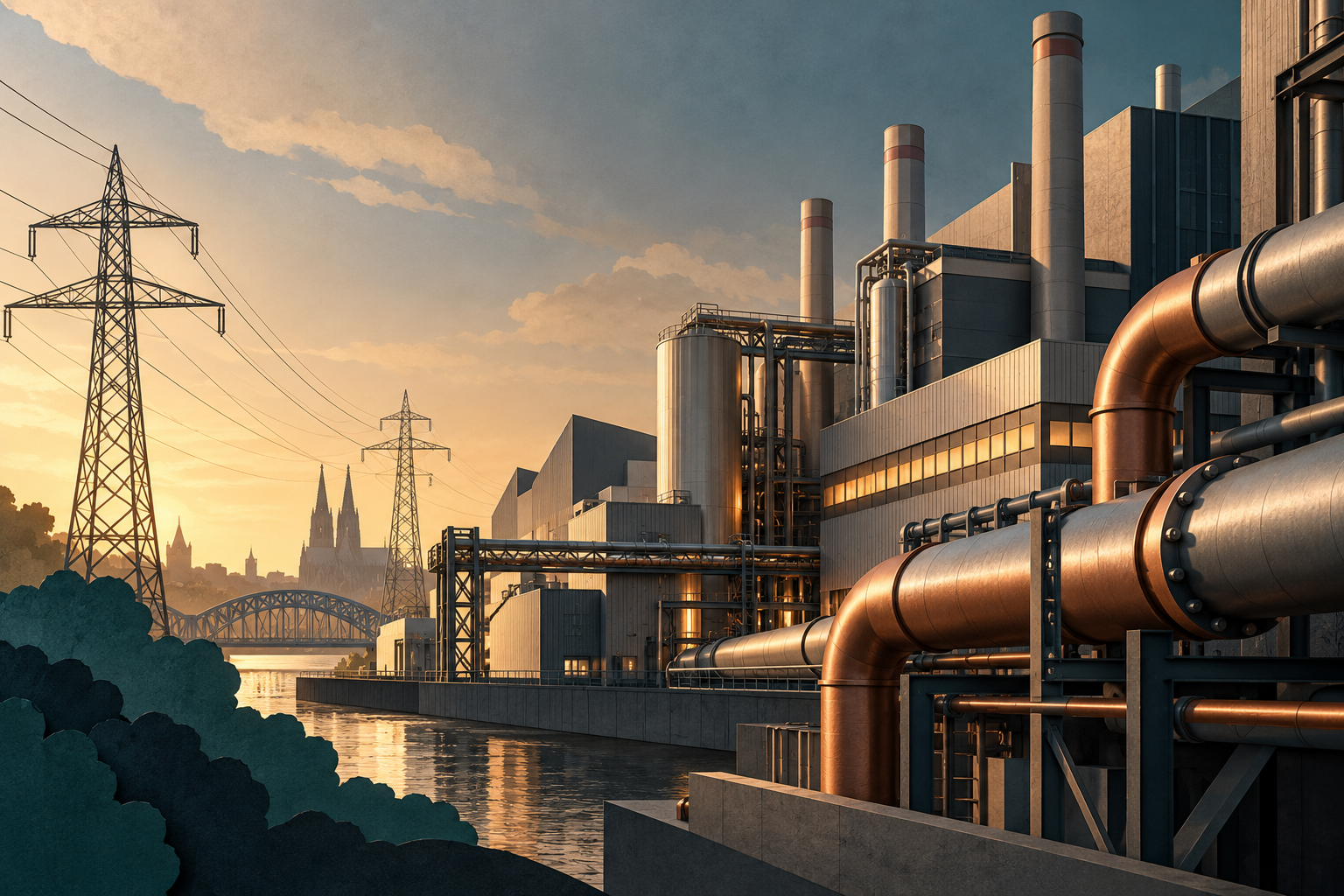 Illustration originale IA : usine allemande et conduites énergétiques, symbolisant la pression des coûts sur la production industrielle.