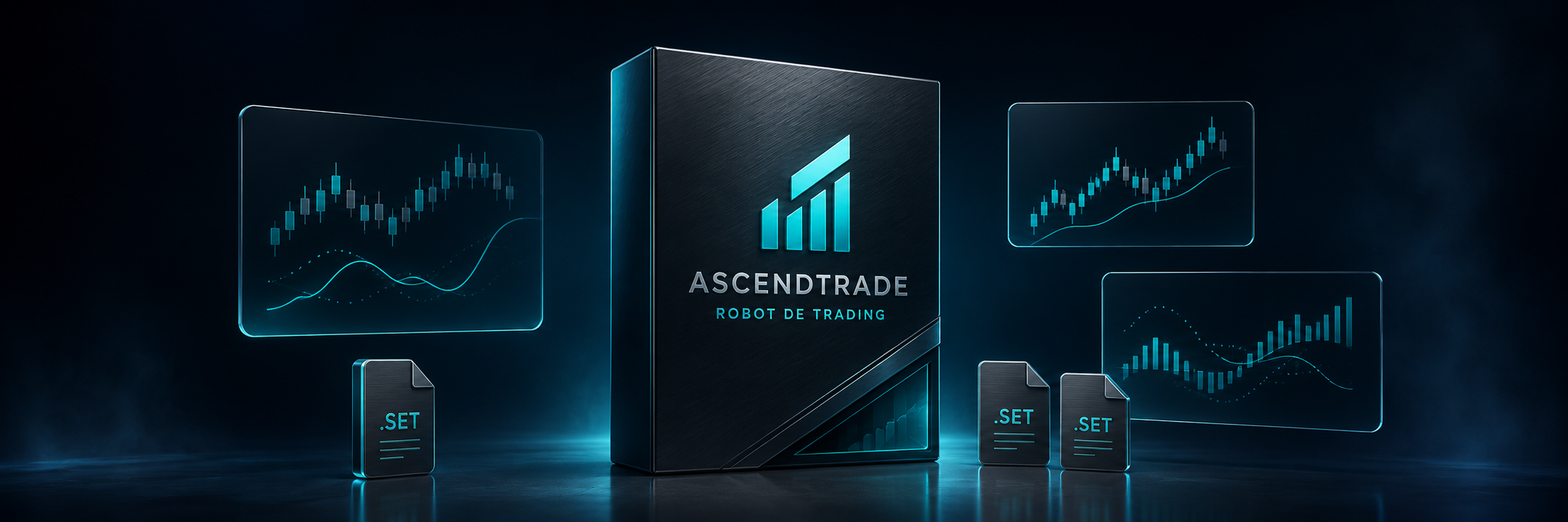 Illustration du pack AscendTrade : robot de trading, trois indicateurs et fichiers de configuration .set.