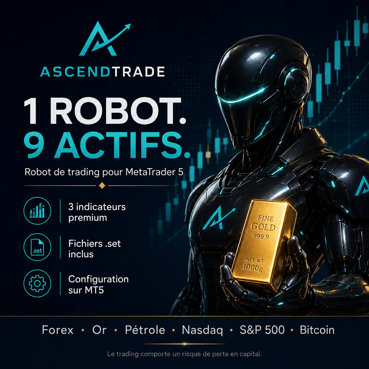 AscendTrade : 1 robot, 9 actifs sur MetaTrader 5, 3 indicateurs premium et fichiers .set inclus.