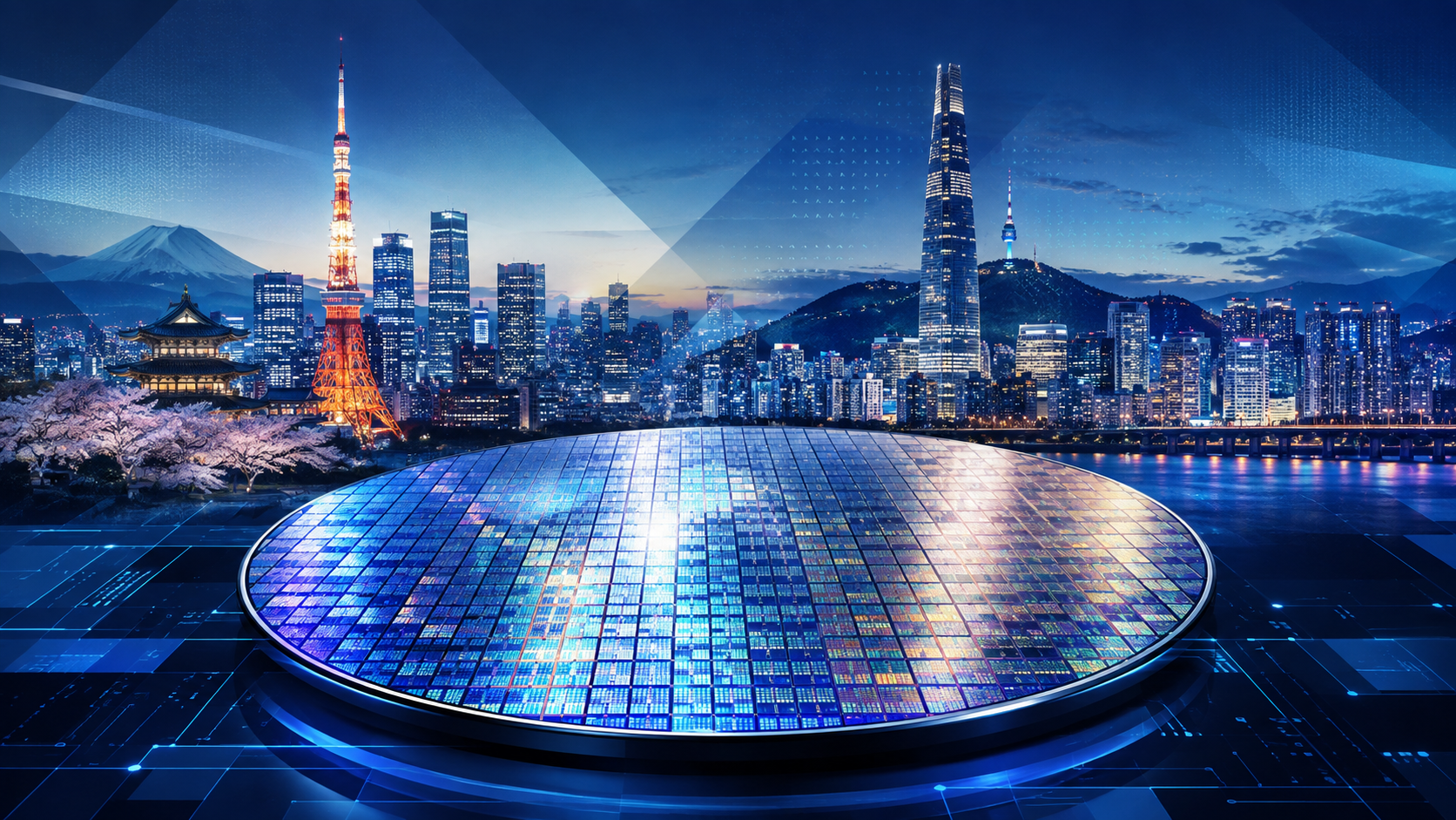 Illustration de semi-conducteurs devant des silhouettes urbaines évoquant Tokyo et Séoul.
