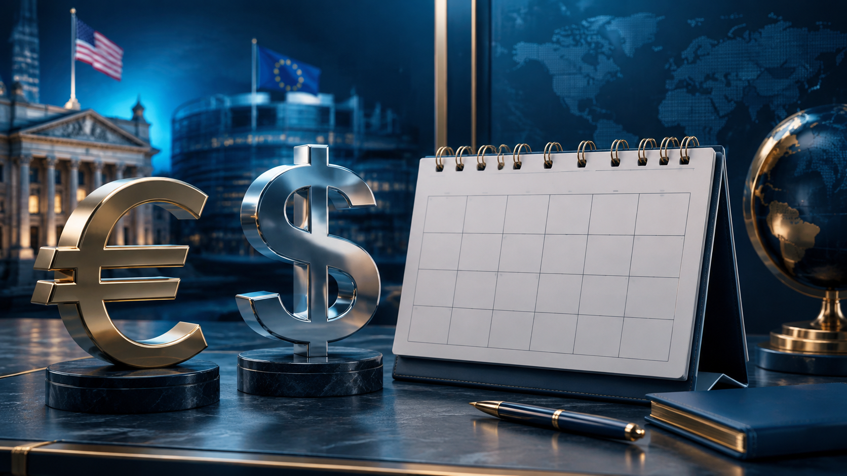 Illustration éditoriale de symboles euro et dollar avec un calendrier, dans des tons bleus et dorés.