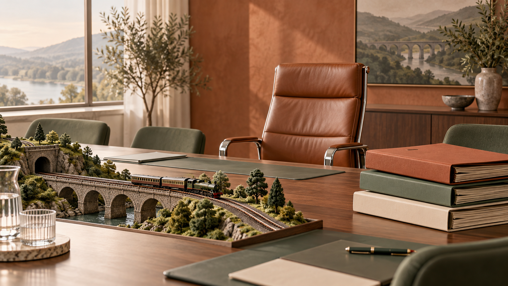 Illustration conceptuelle de succession d’entreprise : fauteuil de conseil, train miniature et dossiers, sans représenter les locaux de Berkshire