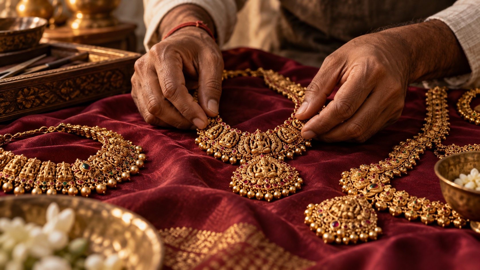 Illustration d’un artisan disposant des bijoux en or sur du tissu bordeaux, évoquant la demande indienne
