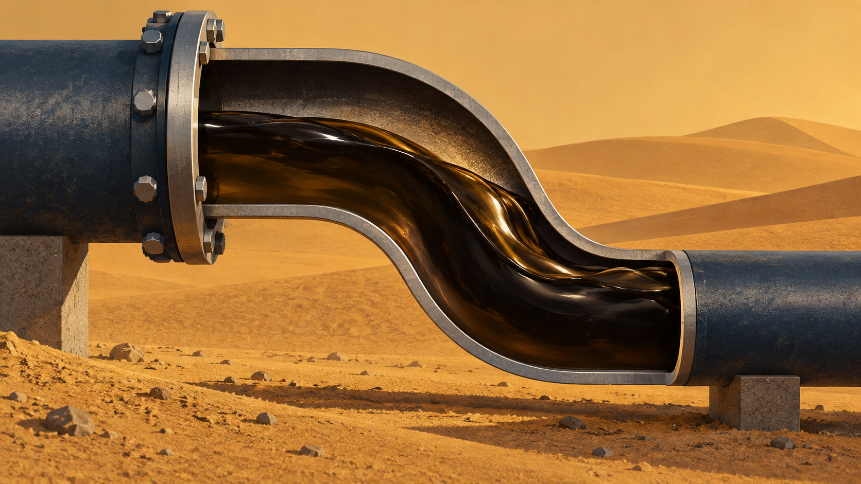 Illustration conceptuelle d’un conduit pétrolier sur un sol ocre, sans représenter une attaque ou une installation réelle