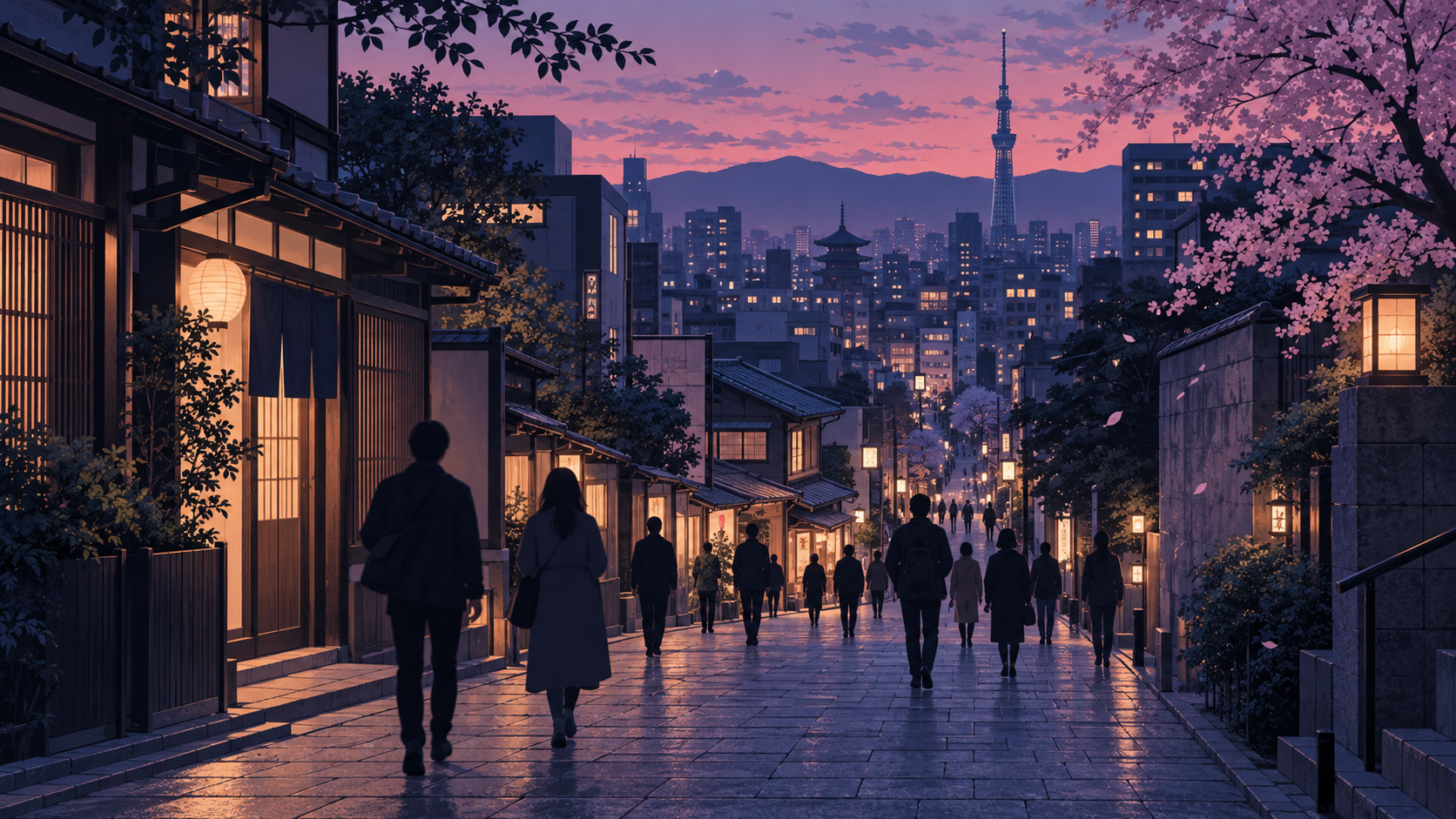 Illustration originale d’une rue japonaise au crépuscule dans des tons indigo et rose