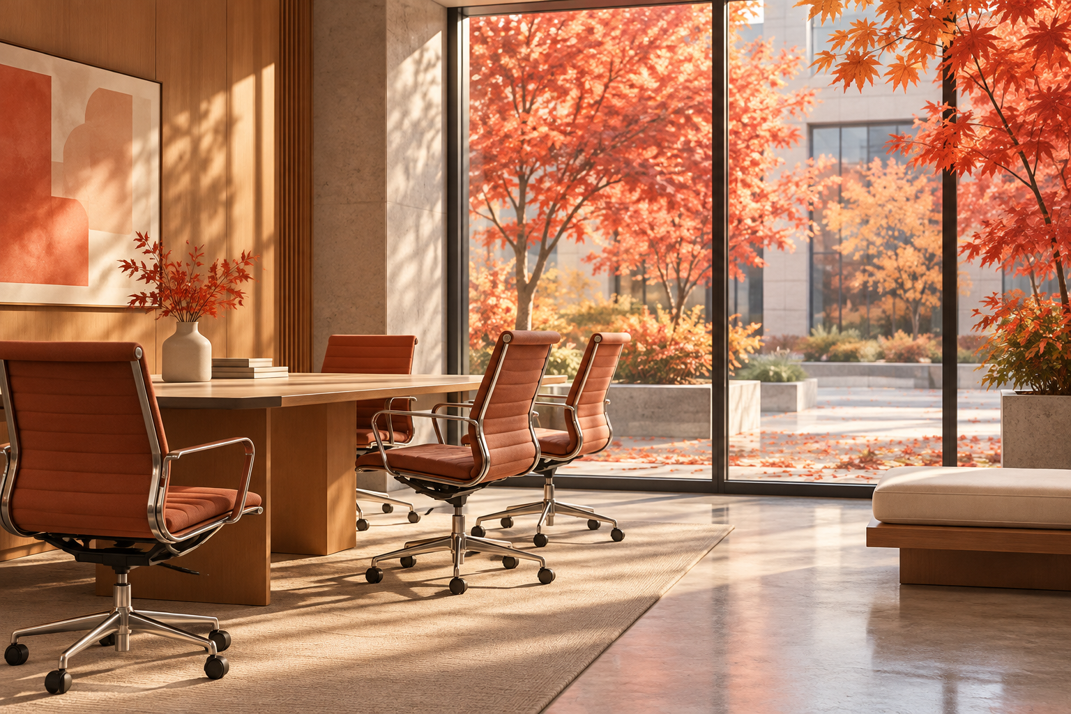 Illustration conceptuelle originale : fauteuils vides dans un bureau donnant sur des érables en automne.