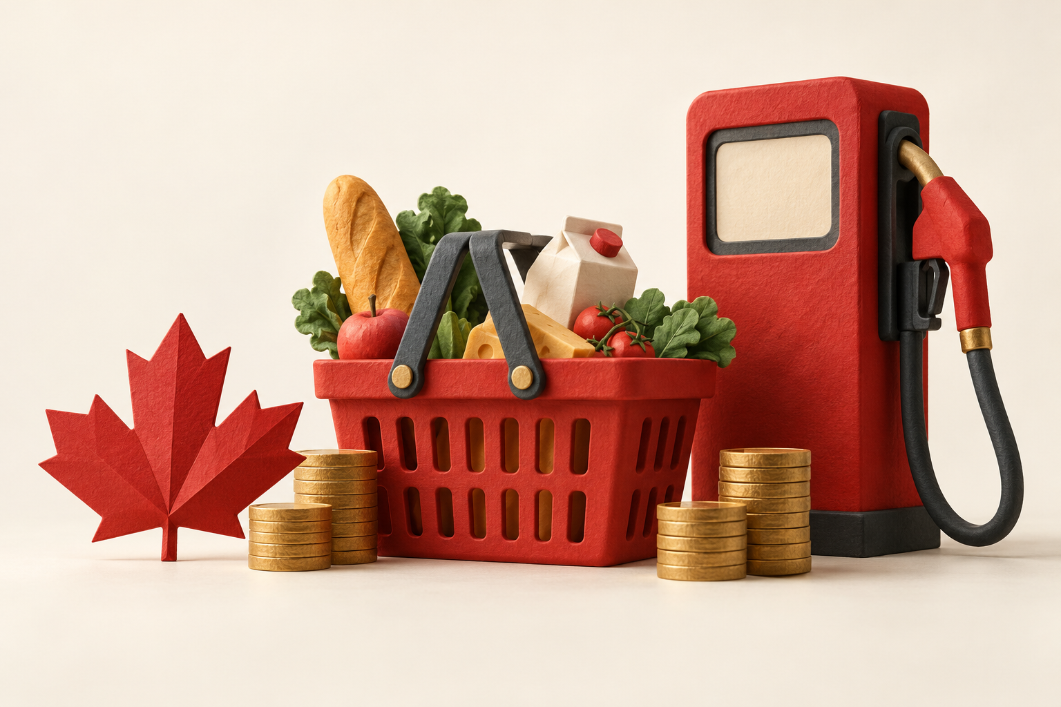 Illustration originale IA : feuille d’érable, pompe à essence et panier de consommation, pour expliquer les moteurs de l’inflation canadienne.