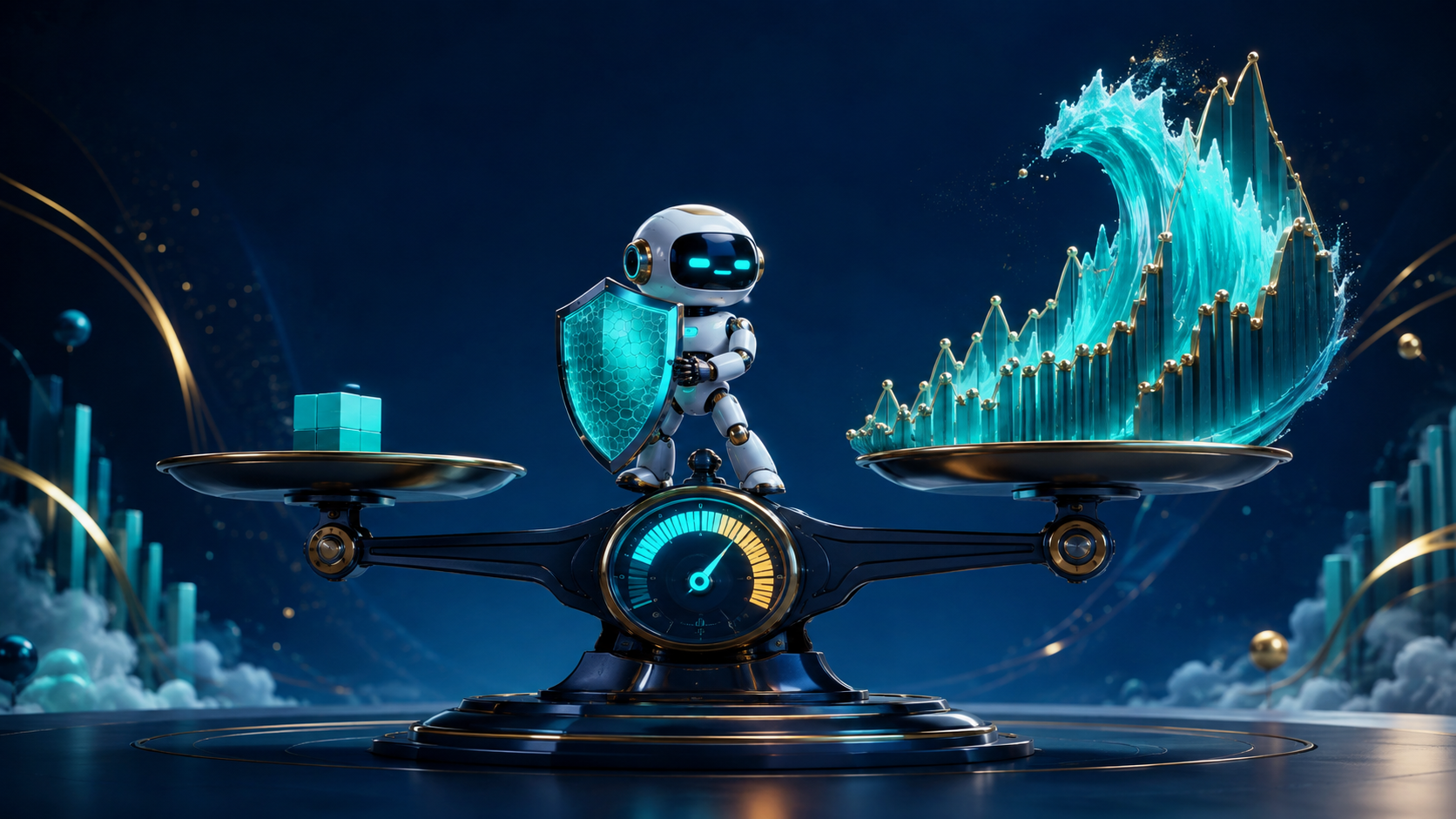 Robot avec bouclier sur une balance opposant une petite marge à une exposition amplifiée.