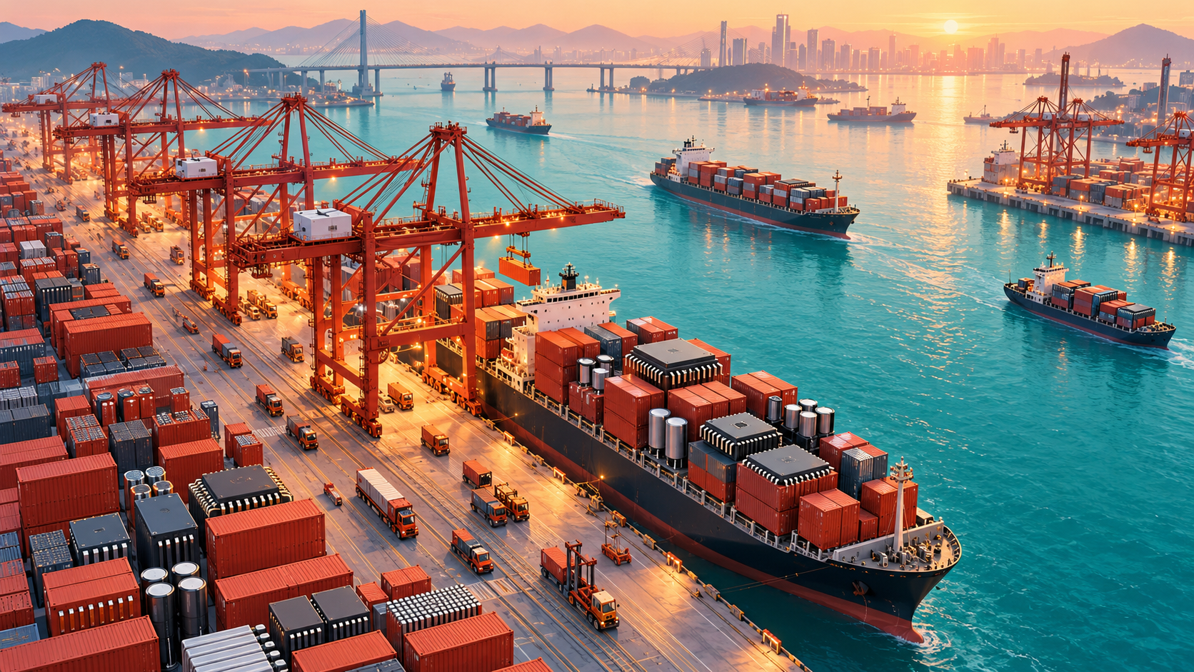 Illustration originale IA : port de conteneurs et grues à l’aube, évoquant le commerce extérieur chinois.