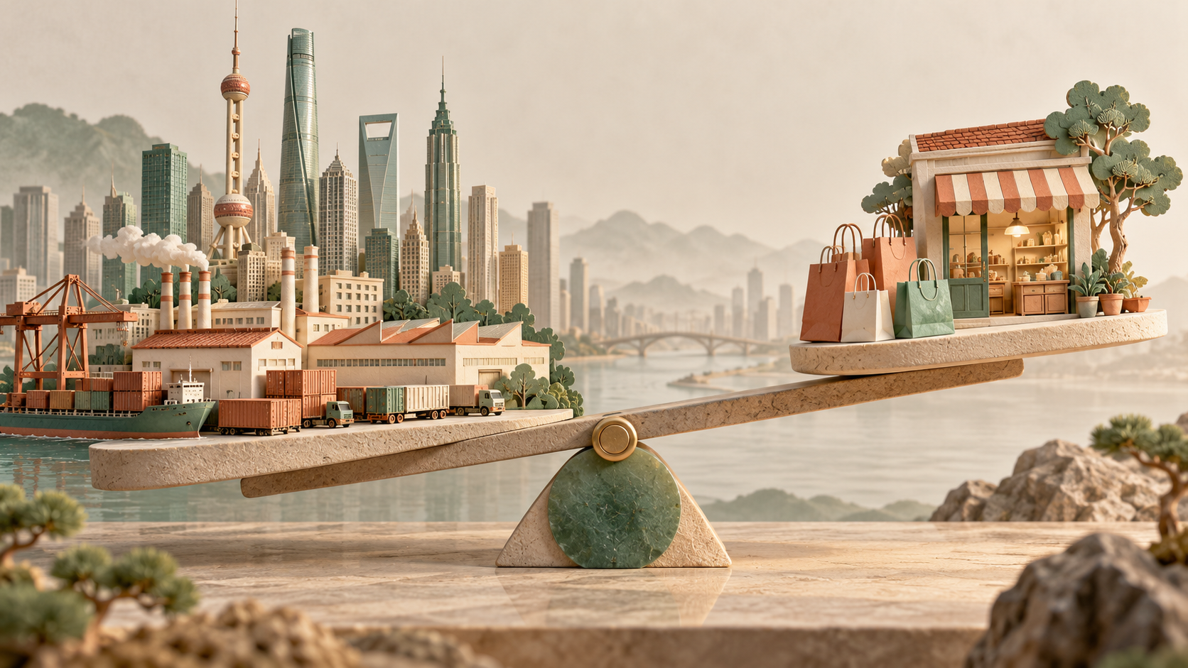 Illustration originale IA : une ville industrielle et des commerces chinois disposés sur une balance, symbole des moteurs inégaux de croissance.