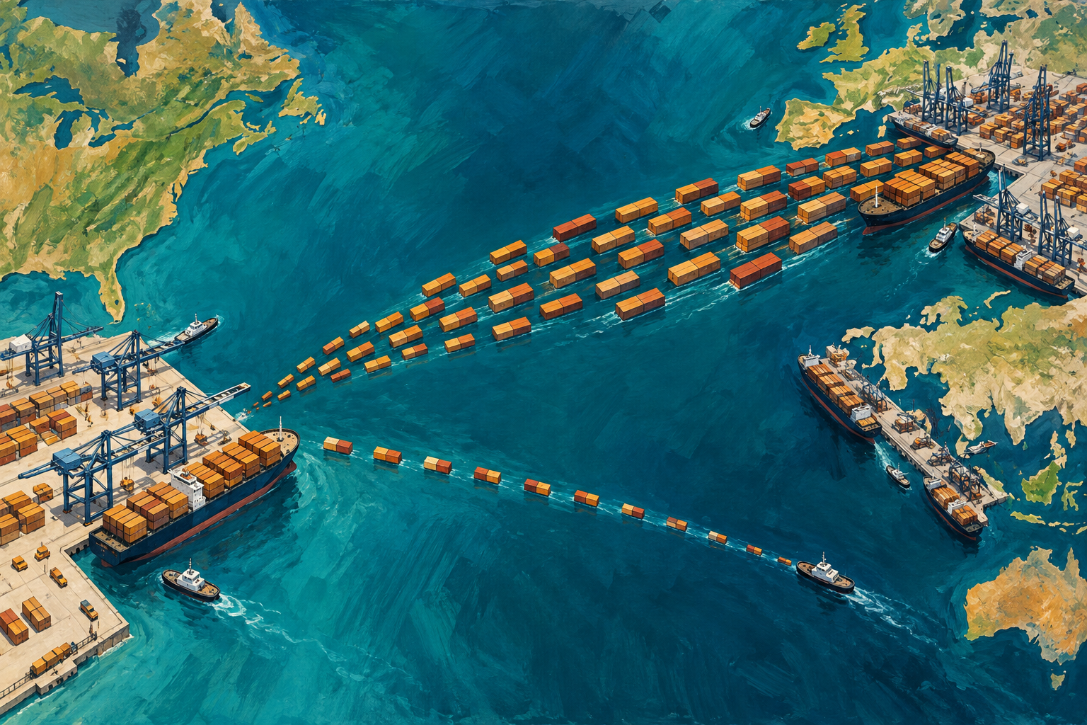 Illustration à la gouache générée par IA d’un port et de flux de conteneurs sur une mer turquoise