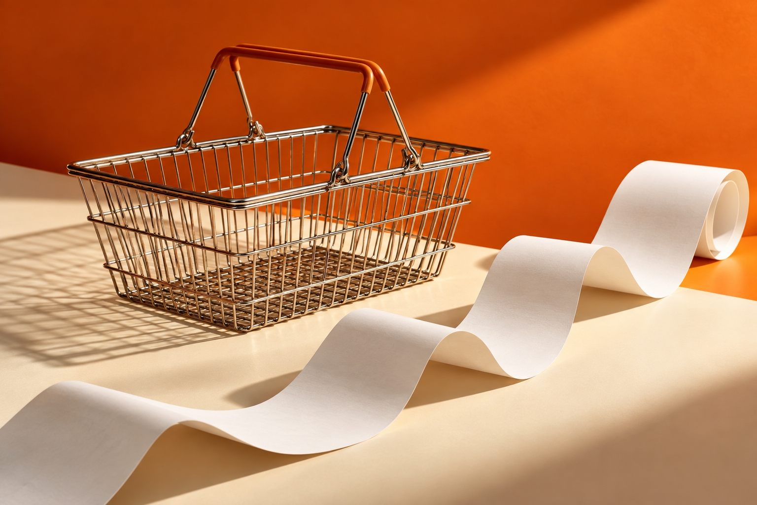 Illustration conceptuelle d’un panier vide et d’un ruban de ticket de caisse sur fond orange.