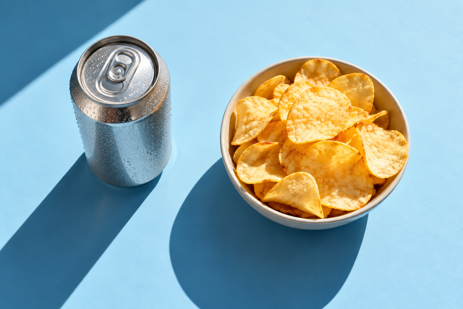 Illustration éditoriale de consommation : une canette sans marque et un bol de chips sur fond bleu clair, éclairés par le soleil.