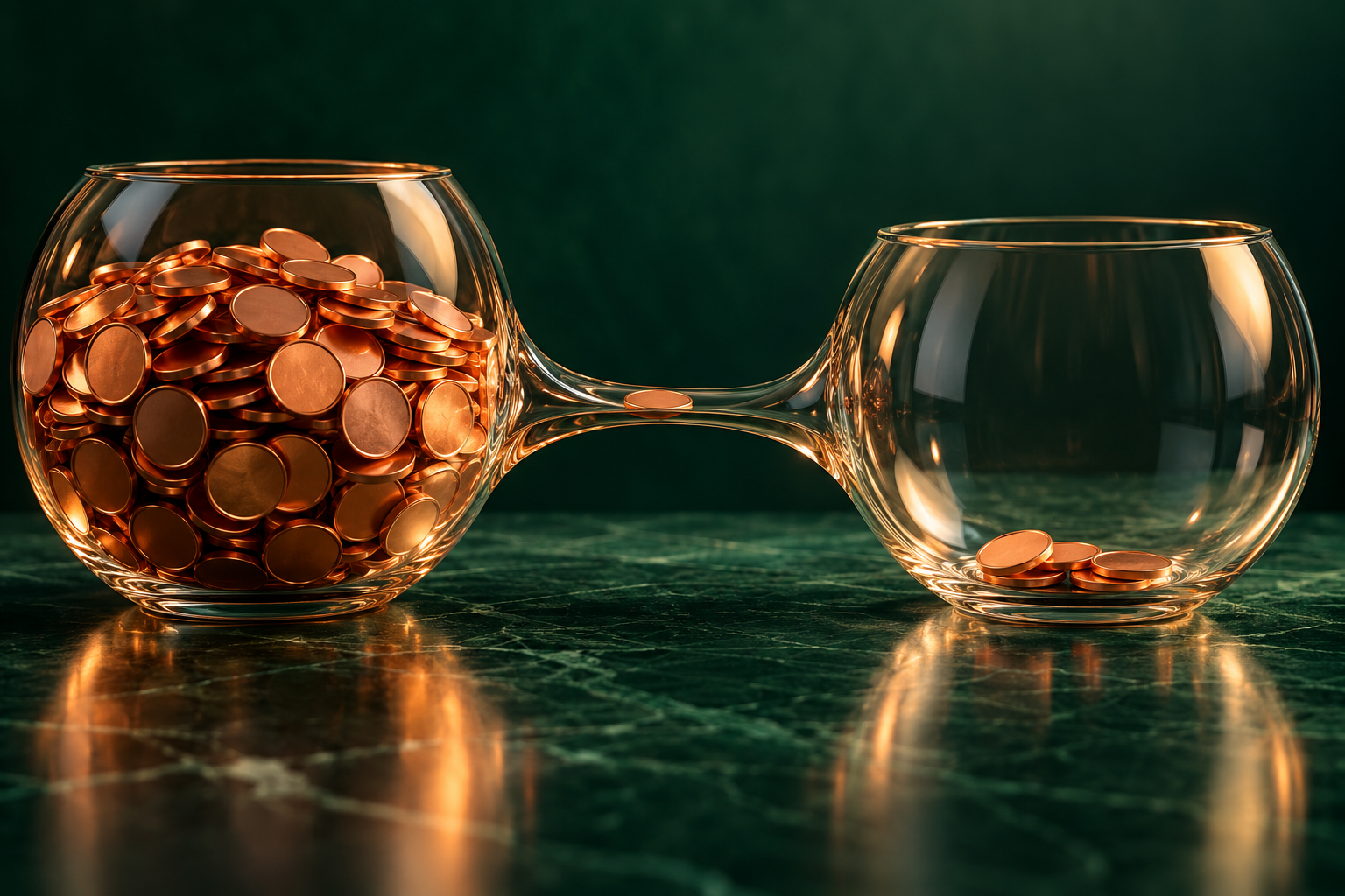 Illustration de récipients transparents et de jetons cuivrés sur fond vert, métaphore des arbitrages entre revenus et dépenses.