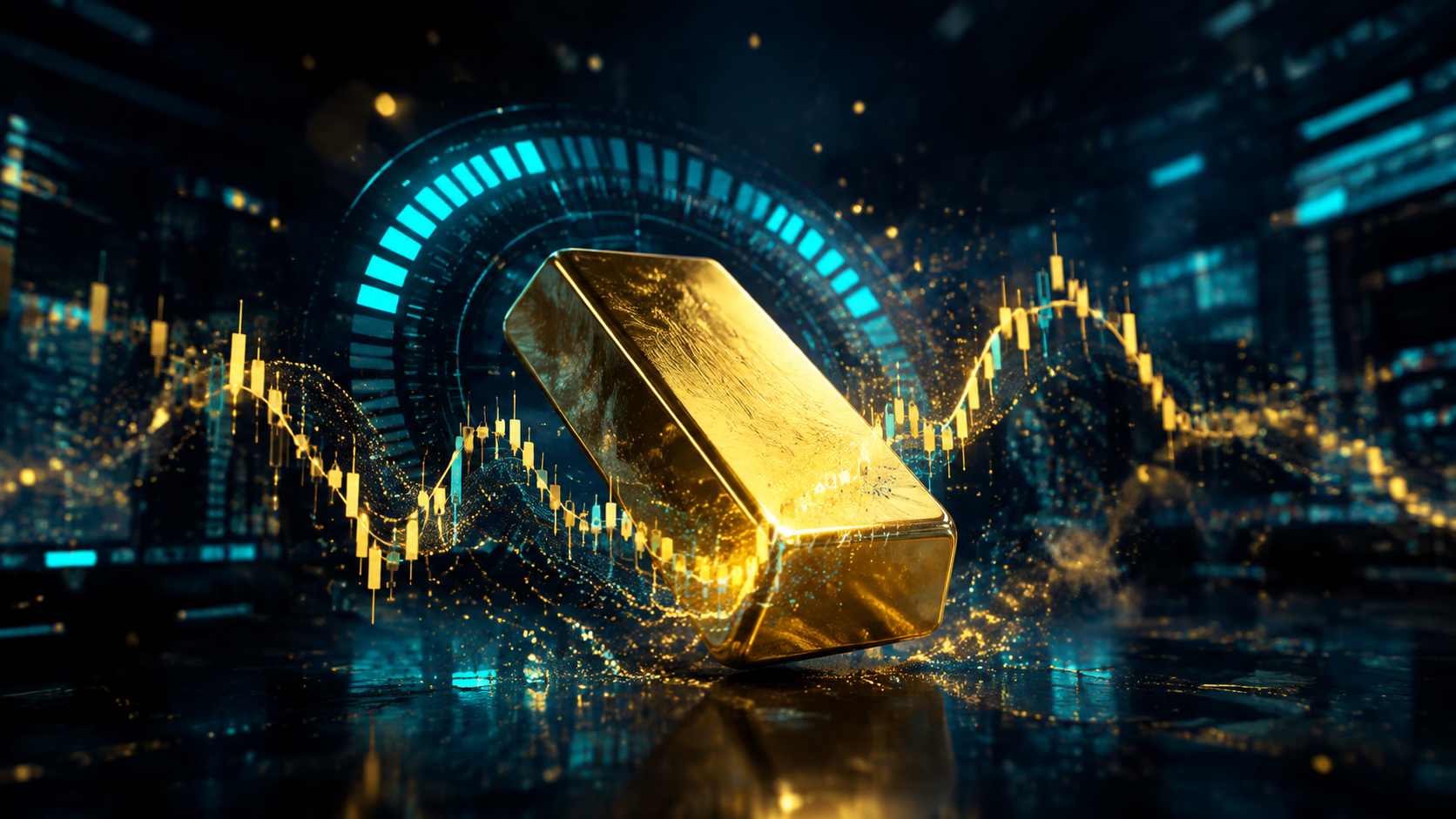 Lingot d’or entouré d’une courbe XAUUSD volatile et d’un cadran de volatilité.