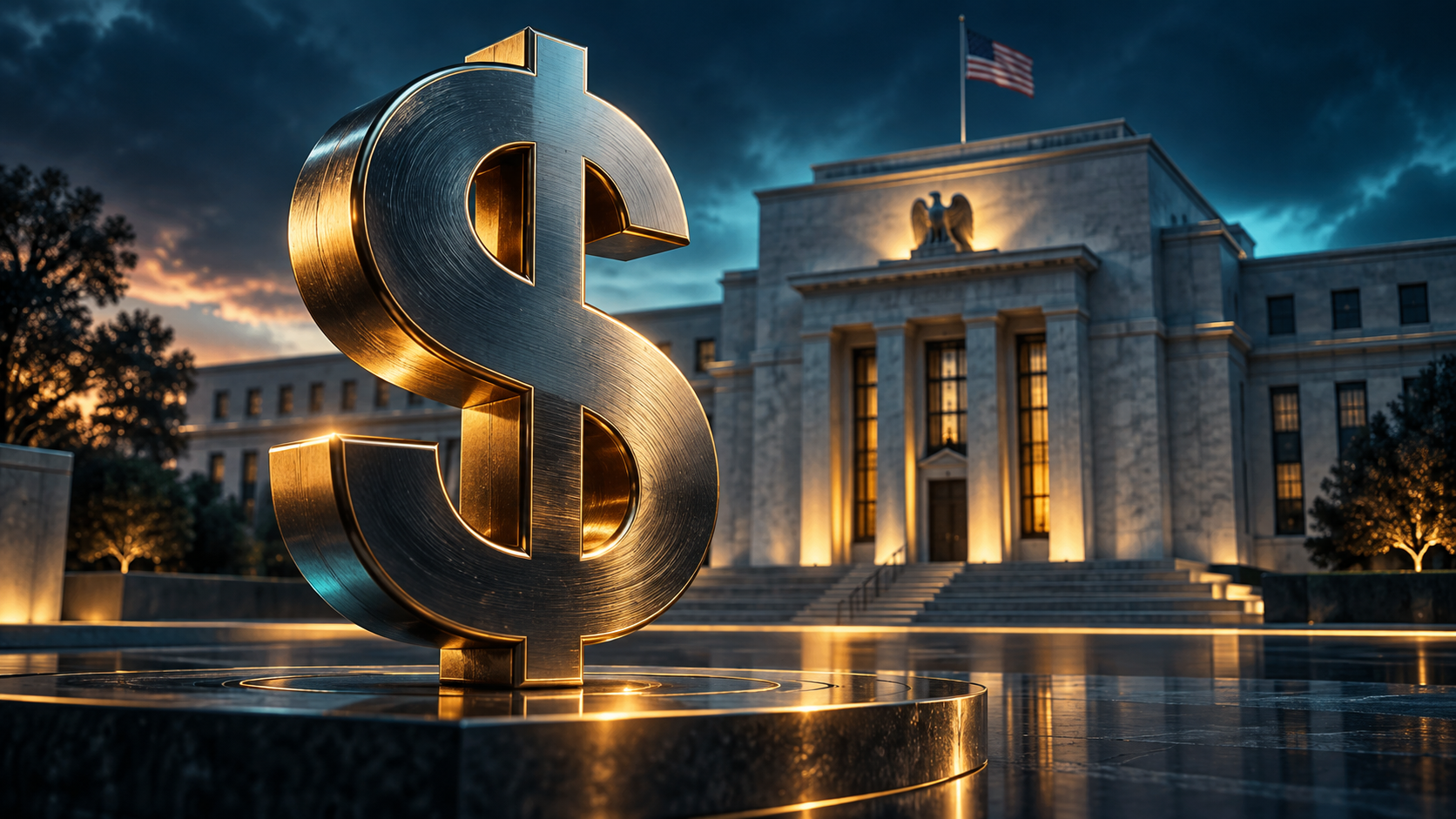 Illustration du dollar devant un bâtiment institutionnel américain à la veille de la réunion de la Fed