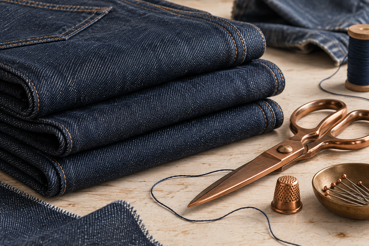 Illustration éditoriale de denim indigo plié et d’outils de couture cuivrés sur une table claire, sans marque.