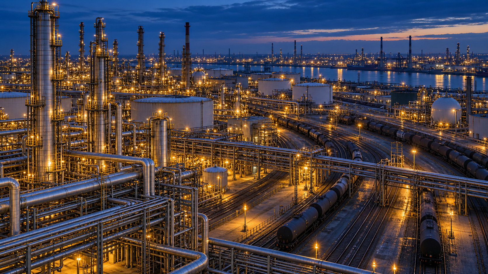 Raffinerie et trains de marchandises illustrant les tensions sur les produits pétroliers