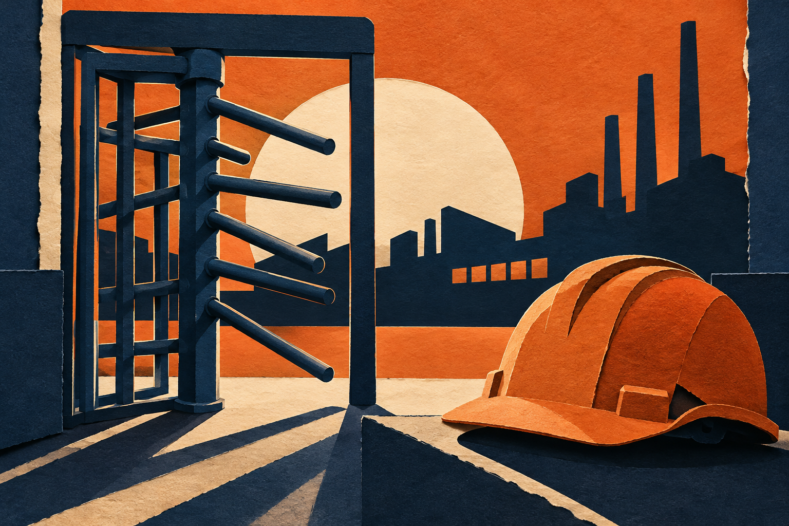 Illustration conceptuelle en papier découpé d’un tourniquet industriel et d’un casque de travail, dans des tons orange et crème.