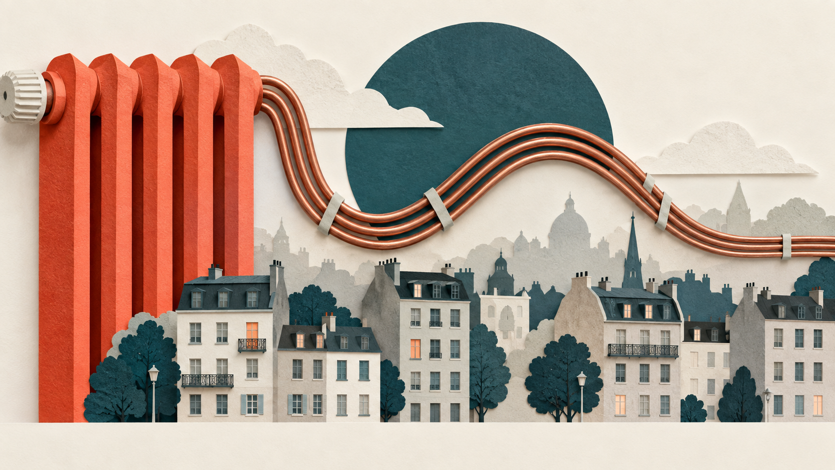 Illustration éditoriale en papier découpé : radiateurs corail et câbles électriques au-dessus de logements européens