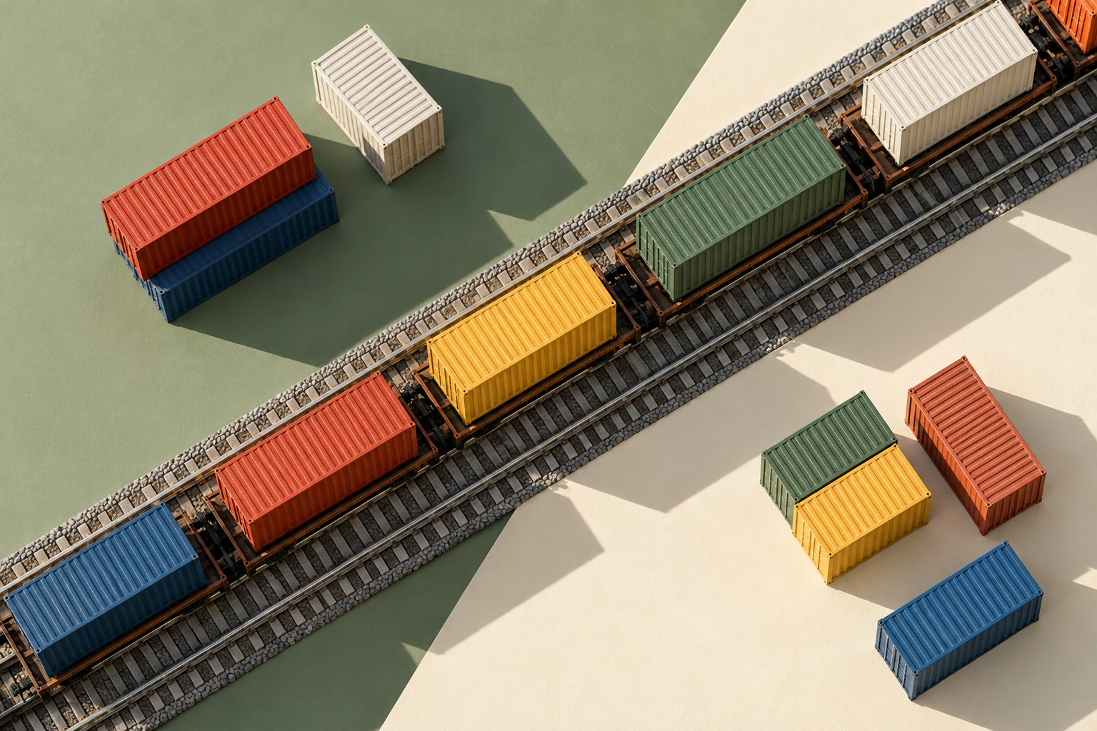 Illustration conceptuelle originale : train miniature de marchandises et conteneurs sur un fond sauge et crème.