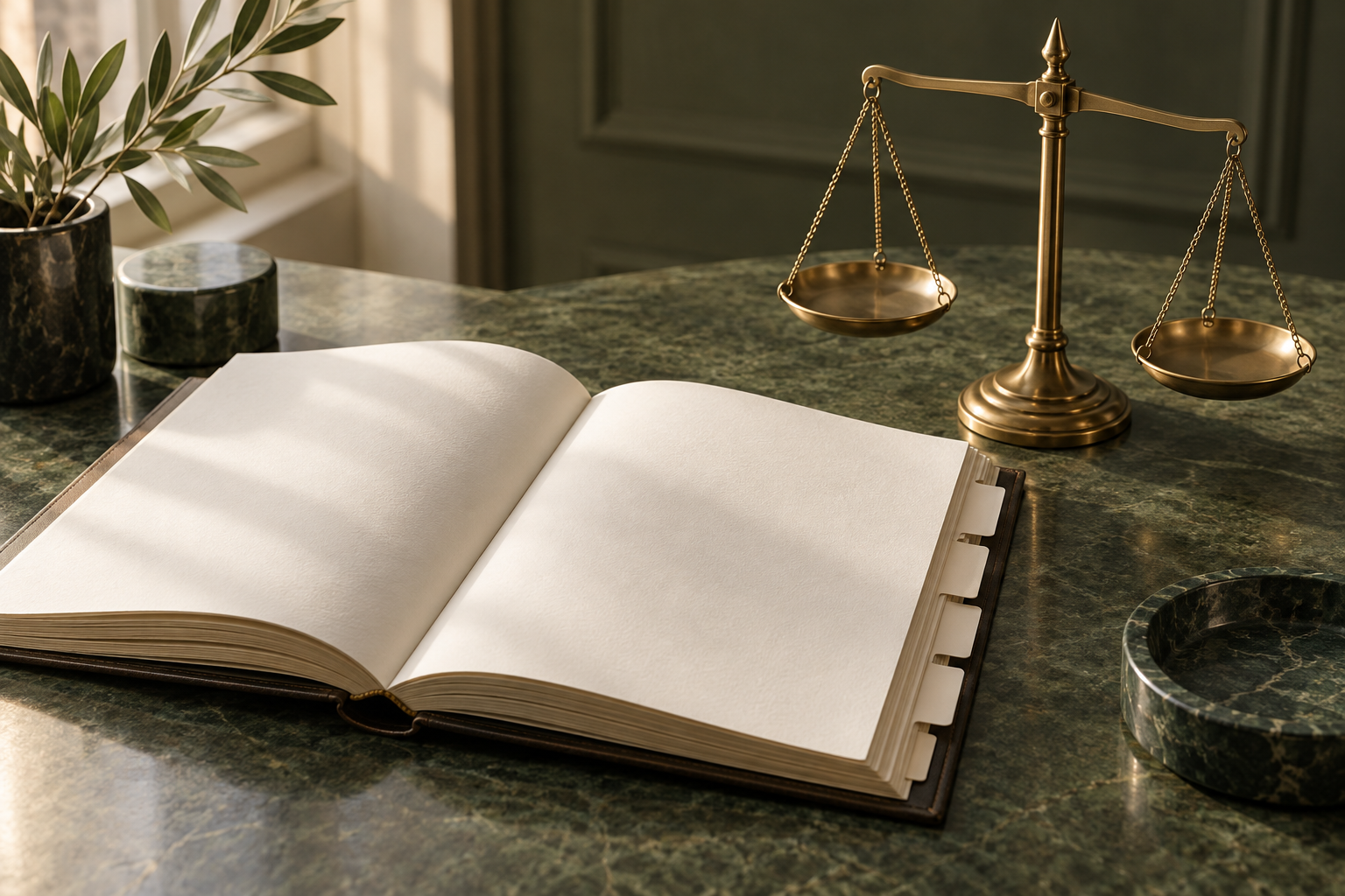 Illustration conceptuelle d’un dossier ouvert et d’une balance en laiton sur un bureau vert olive.