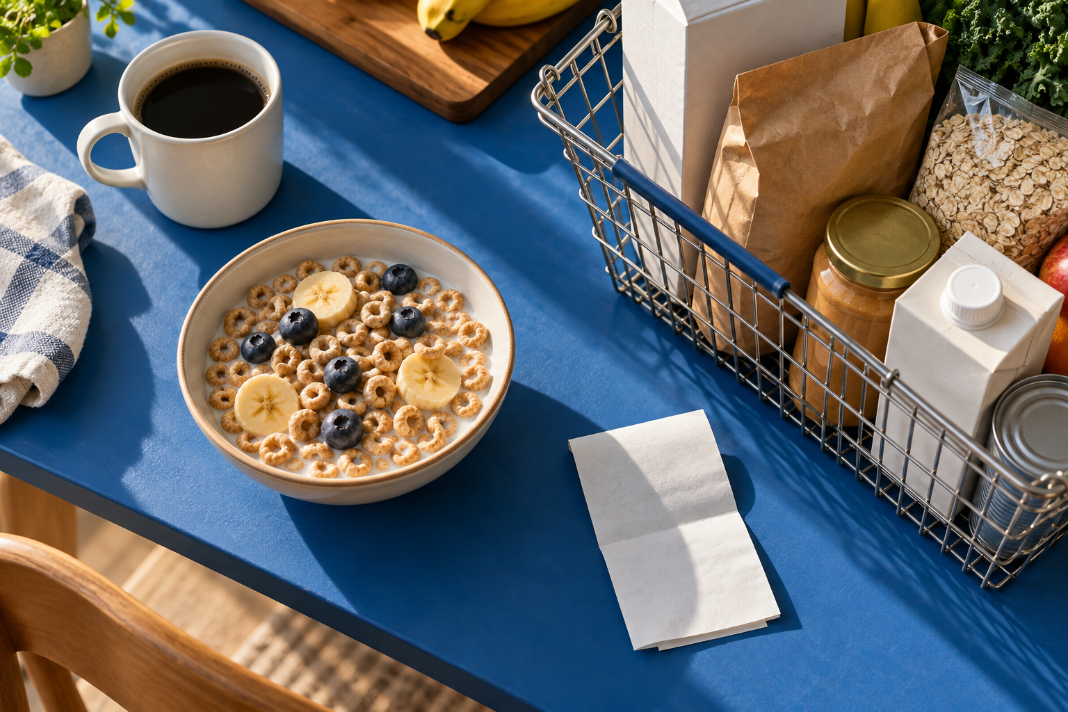 Nature morte éditoriale : bol de céréales et panier de courses sur une table bleue, illustration générée par IA
