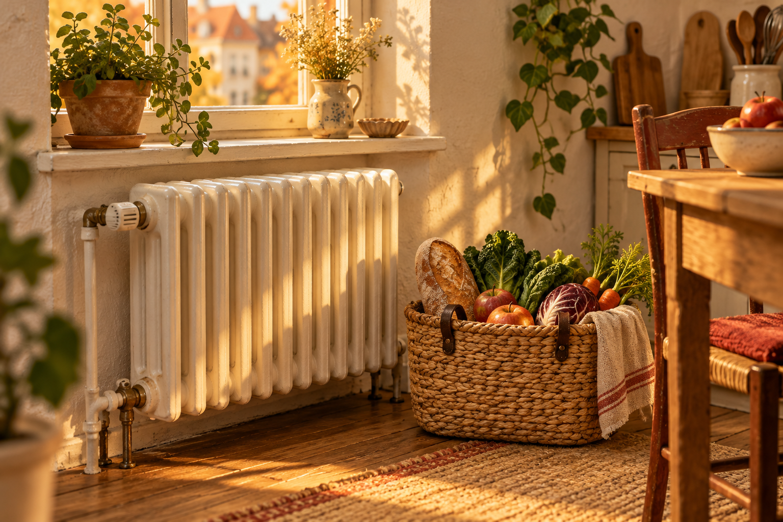 Radiateur et panier de courses dans un intérieur miniature, illustration des dépenses des ménages.