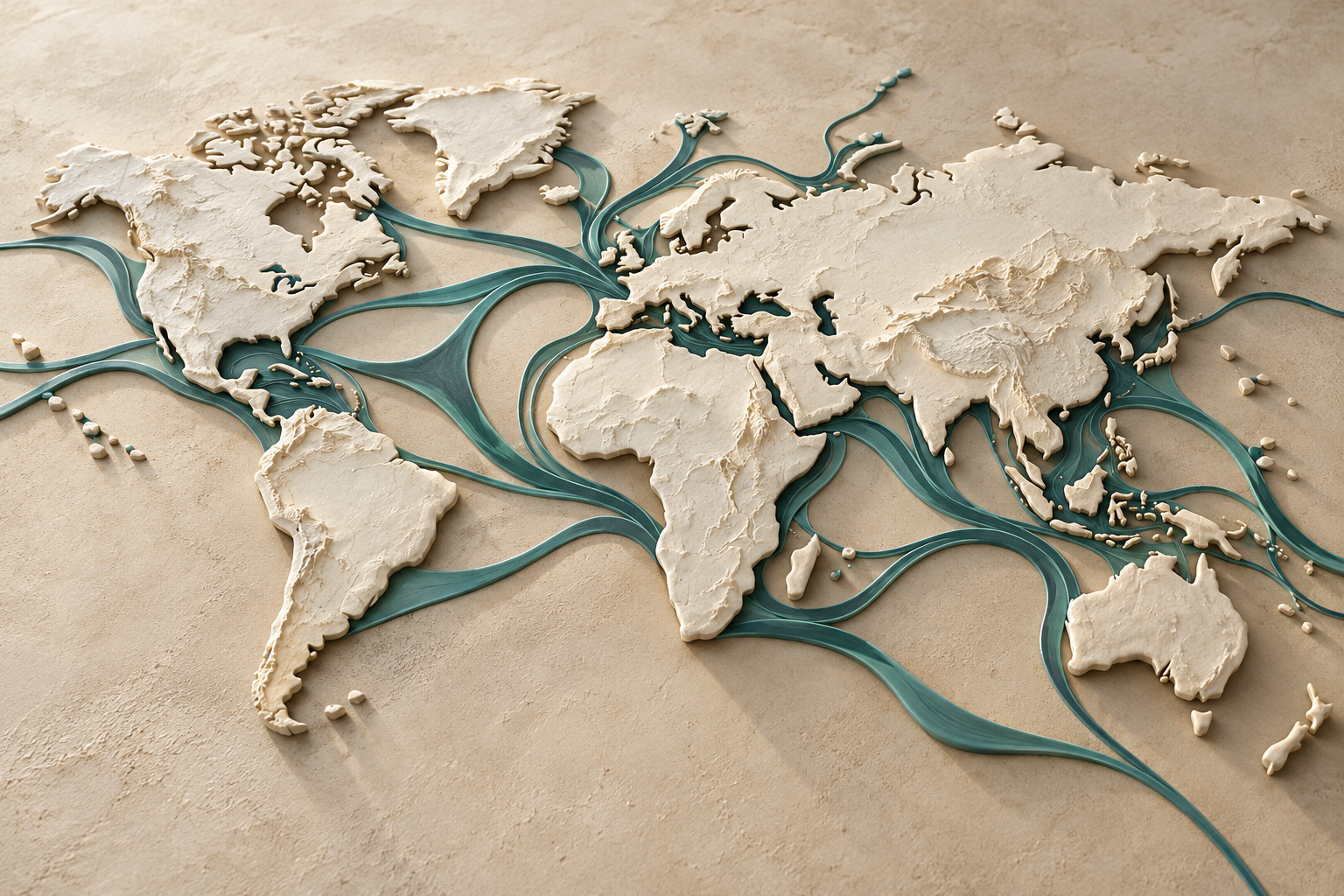 Carte du monde sculpturale et routes divergentes, illustration conceptuelle de perspectives économiques inégales.