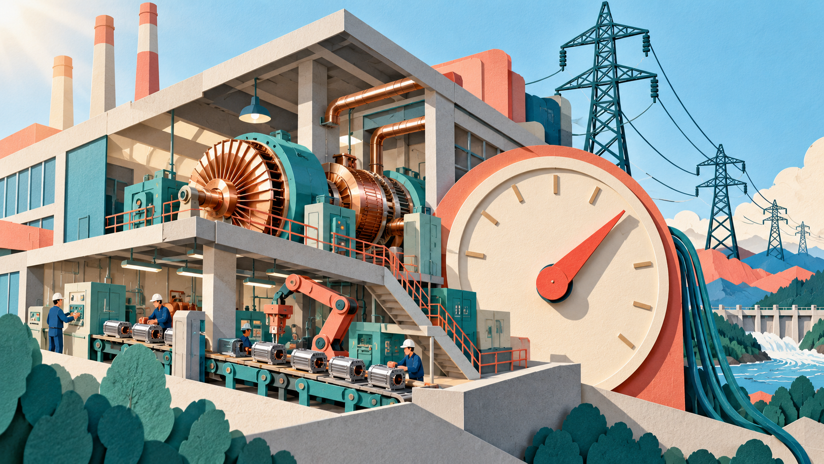 Illustration éditoriale originale créée avec IA : usine et équipements électriques en papier découpé.