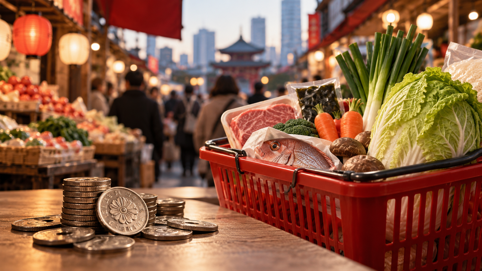 Illustration IA : panier de produits alimentaires et pièces évoquant le yen devant un marché japonais fictif.