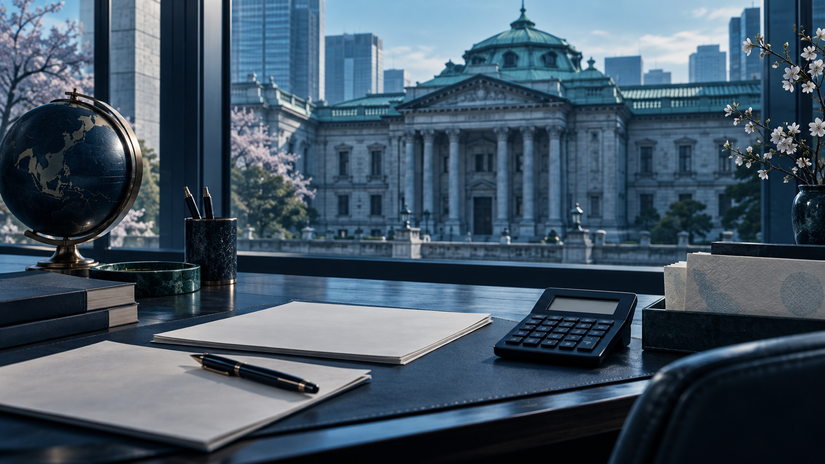 Illustration d’une architecture bancaire japonaise et d’un bureau d’analyse monétaire