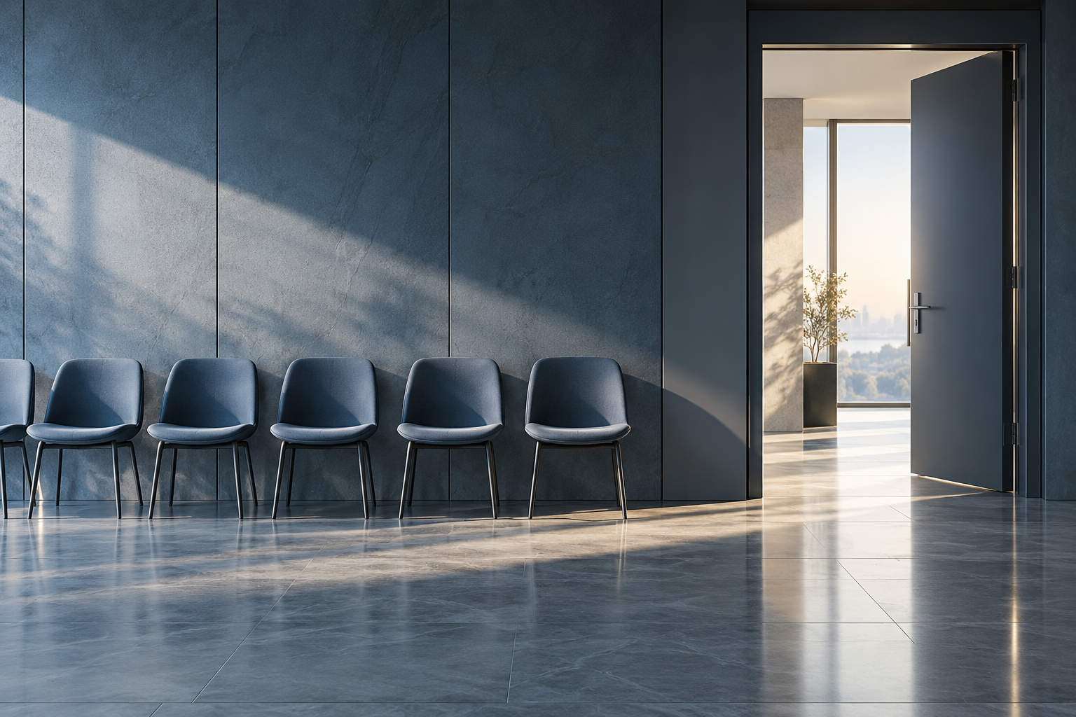 Illustration conceptuelle d’un hall de recrutement avec des chaises vides et une porte ouverte.