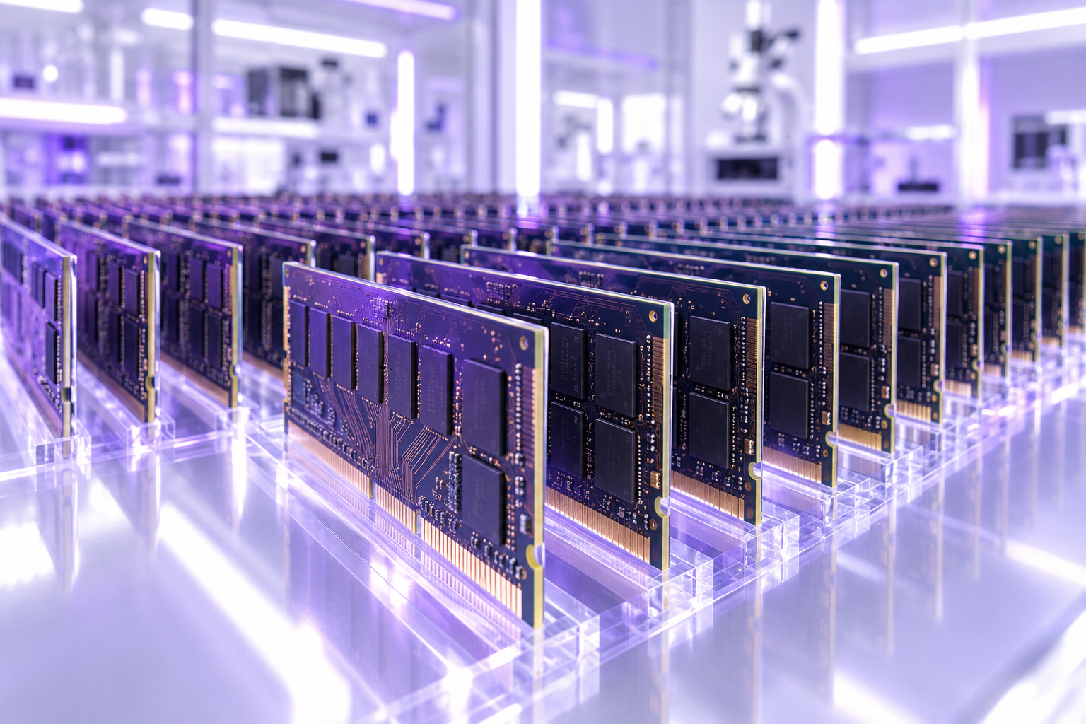 Illustration conceptuelle de modules de mémoire dans un laboratoire blanc et violet, sans représentation d’un produit Micron précis.