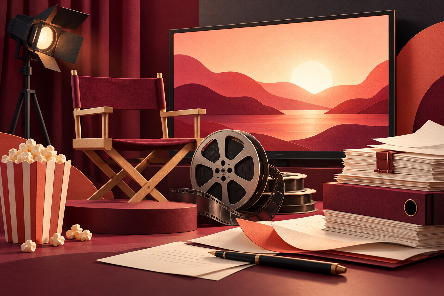 Illustration originale IA : écran de streaming, clap de cinéma et espaces publicitaires symboliques, sans représentation de performances boursières.