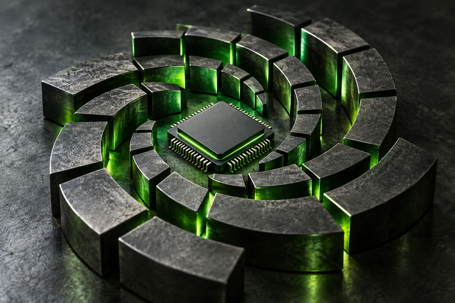 Composition conceptuelle d’une puce électronique générique entourée de modules, sans représentation d’un produit Nvidia réel.