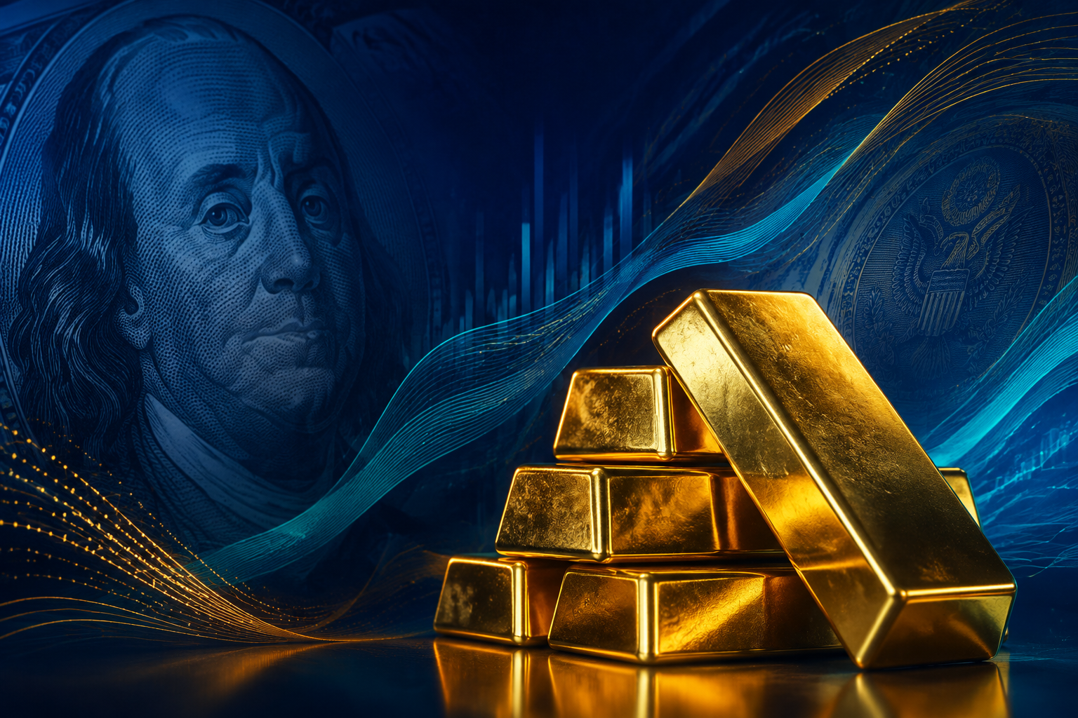 Illustration éditoriale de lingots d’or et du dollar dans des tons bleus.