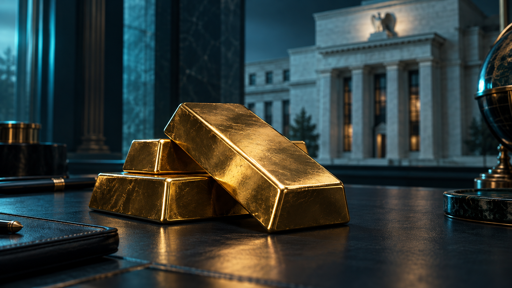 Illustration de lingots d’or devant une architecture évoquant la banque centrale américaine