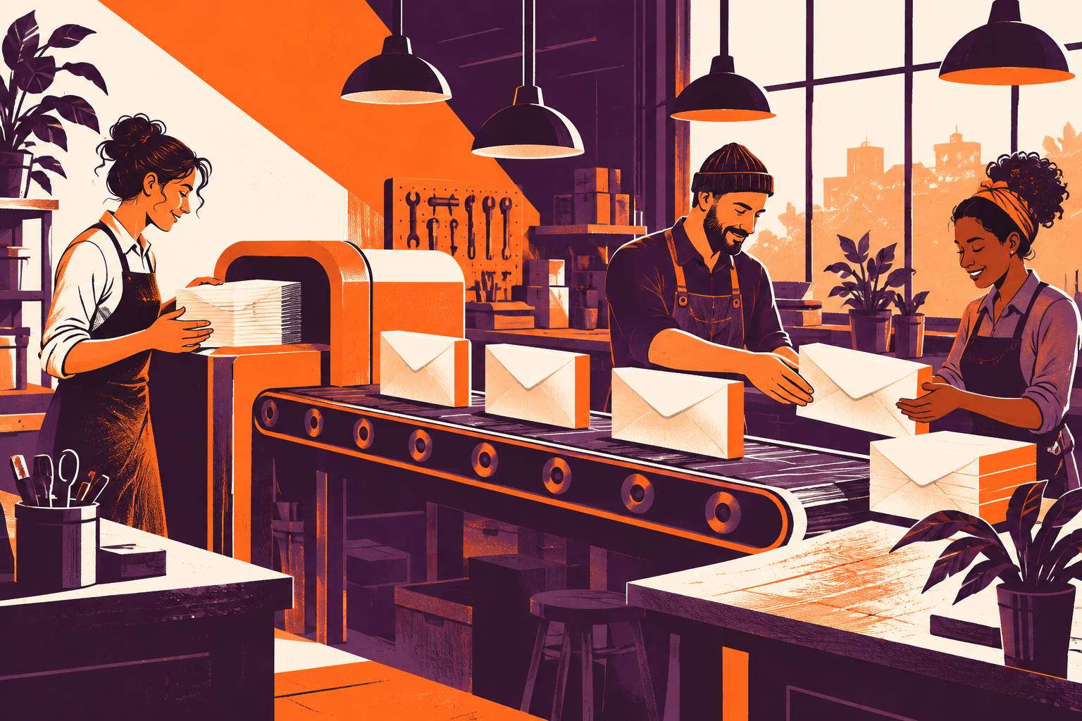 Illustration conceptuelle orange et prune d’un atelier et d’enveloppes de paie, générée par IA