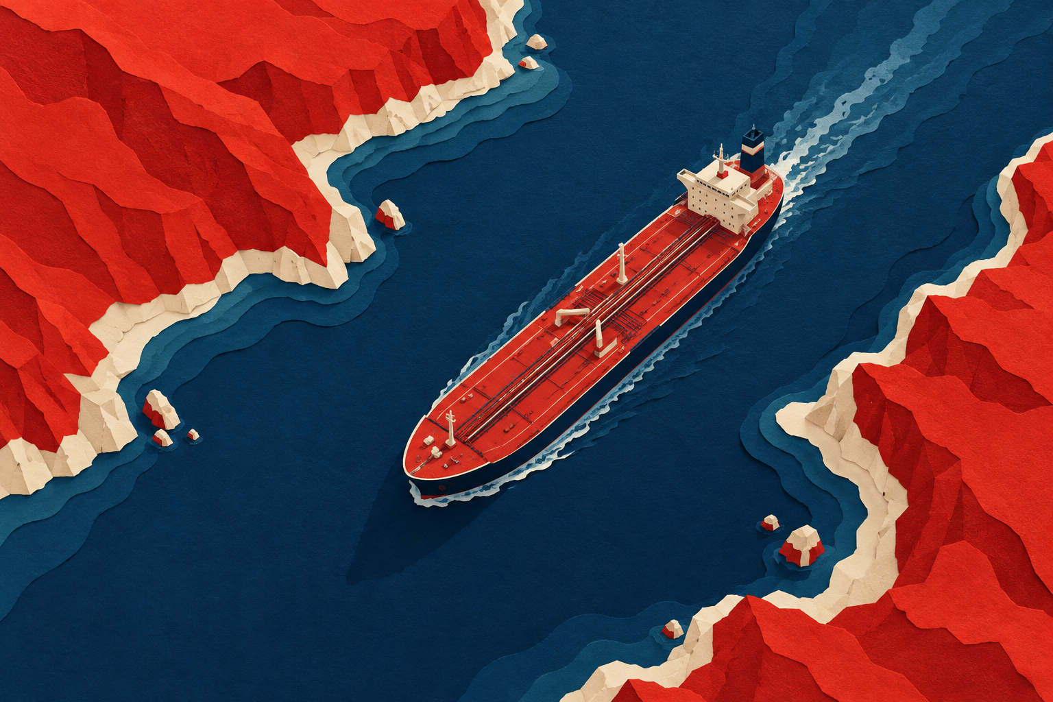 Illustration originale en papier découpé d’un pétrolier dans un passage maritime étroit, sans représentation d’un événement réel.