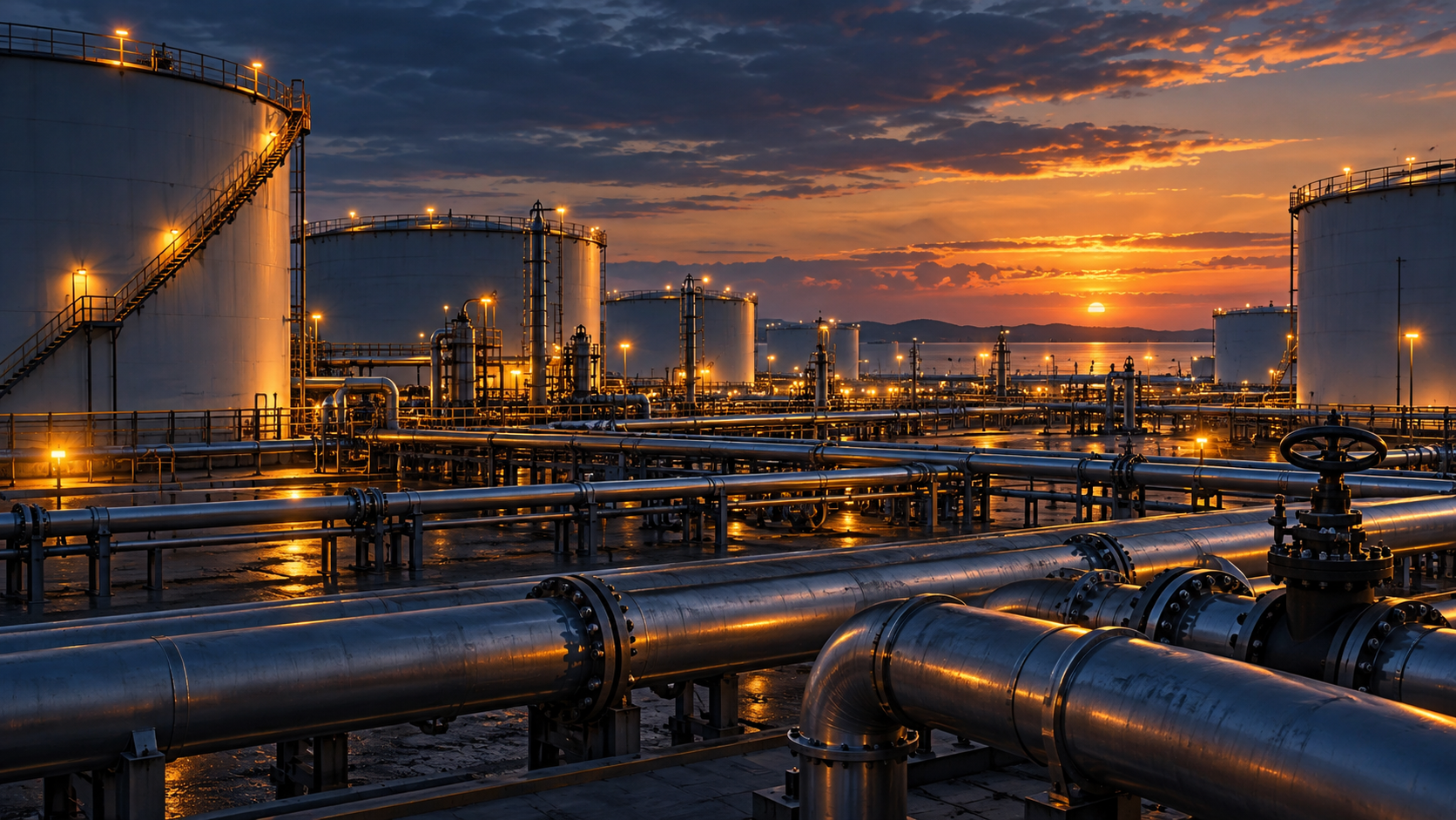 Illustration de réservoirs pétroliers et de conduites dans un terminal énergétique