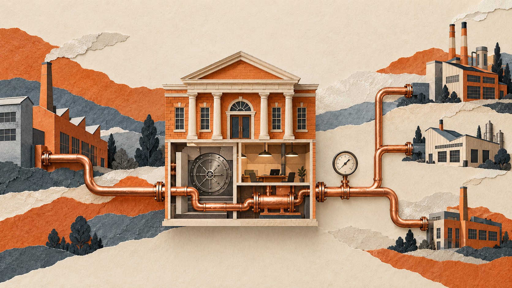 Illustration originale IA : une banque reliée à des usines par des canalisations de cuivre, symbole du financement des entreprises.