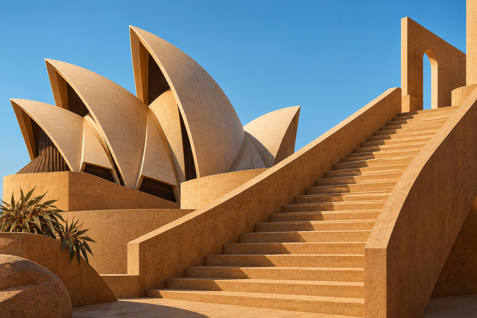 Illustration éditoriale abstraite évoquant une architecture australienne et un escalier, symbole du relèvement des taux.