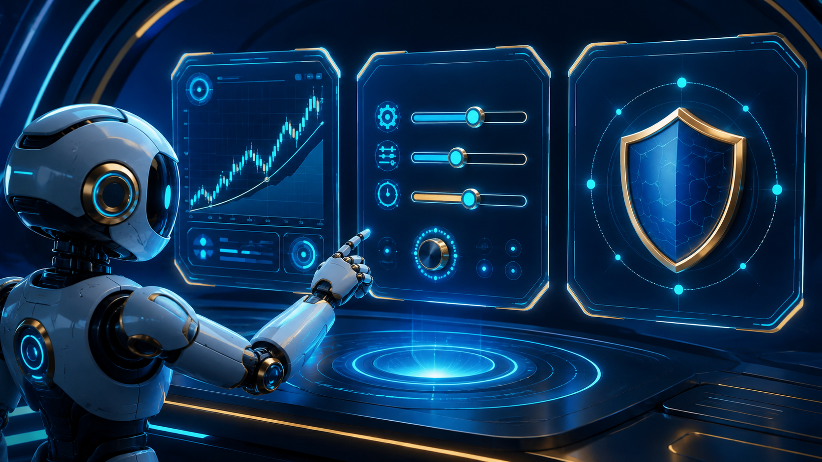 Robot devant trois panneaux illustrant la tendance, les paramètres et les limites de risque.