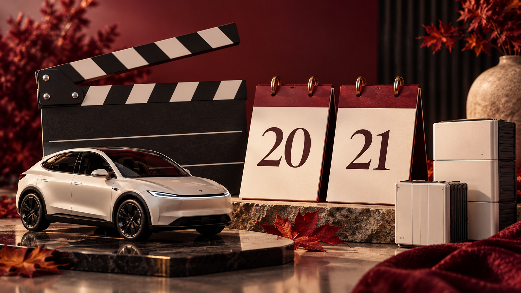 Illustration originale IA : clap de cinéma, voiture électrique et batteries autour des dates 20 et 21, pour le calendrier des résultats.