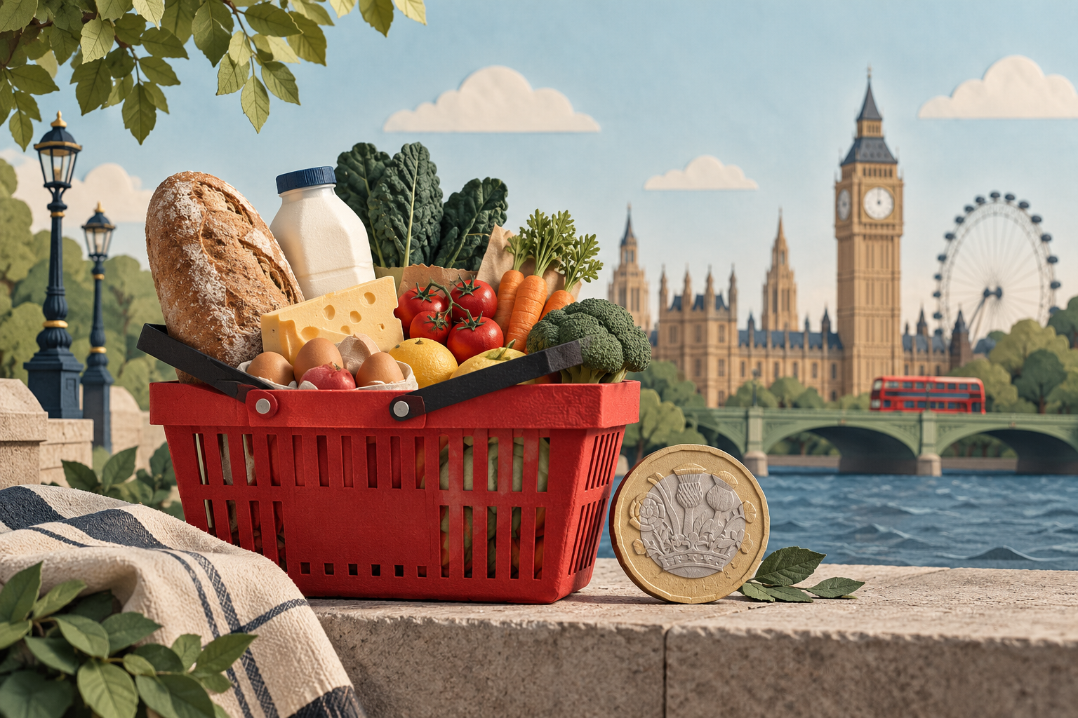 Illustration originale IA : panier de consommation britannique, pompe à carburant et symboles de services, évoquant les différents moteurs des prix.
