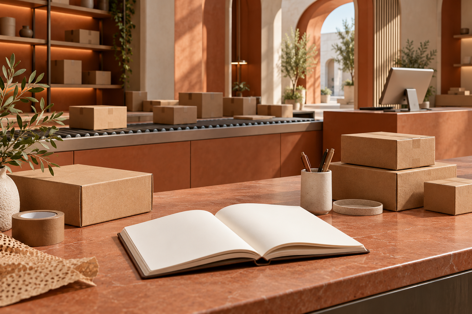 Illustration conceptuelle d’un comptoir de logistique avec colis et carnet vierge, dans des tons terracotta.