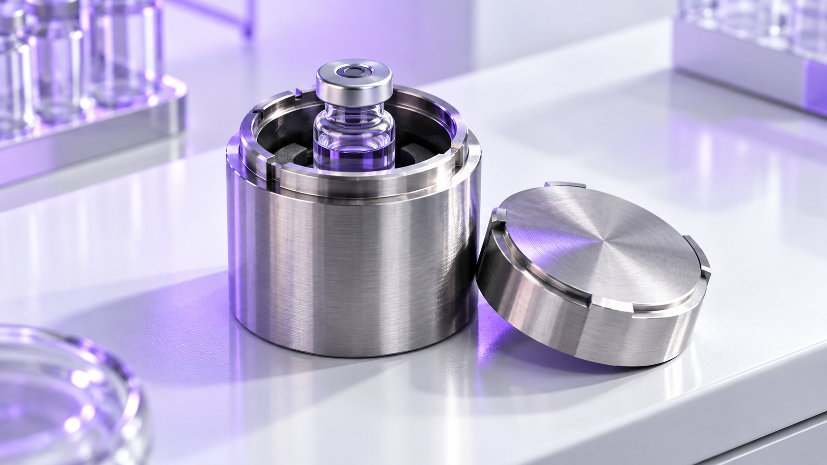 Illustration conceptuelle d’un flacon et de son conteneur de protection dans un laboratoire blanc et violet, sans représenter les installations de Telix