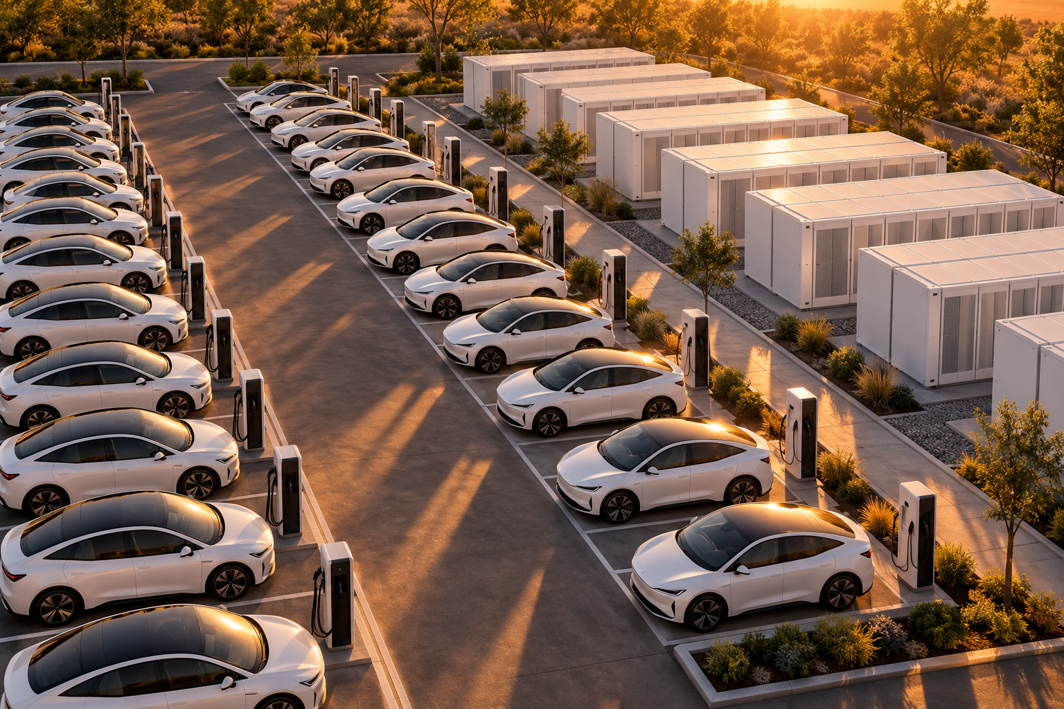 Illustration conceptuelle de voitures électriques génériques et de modules de stockage d’énergie, sans modèle Tesla représenté.